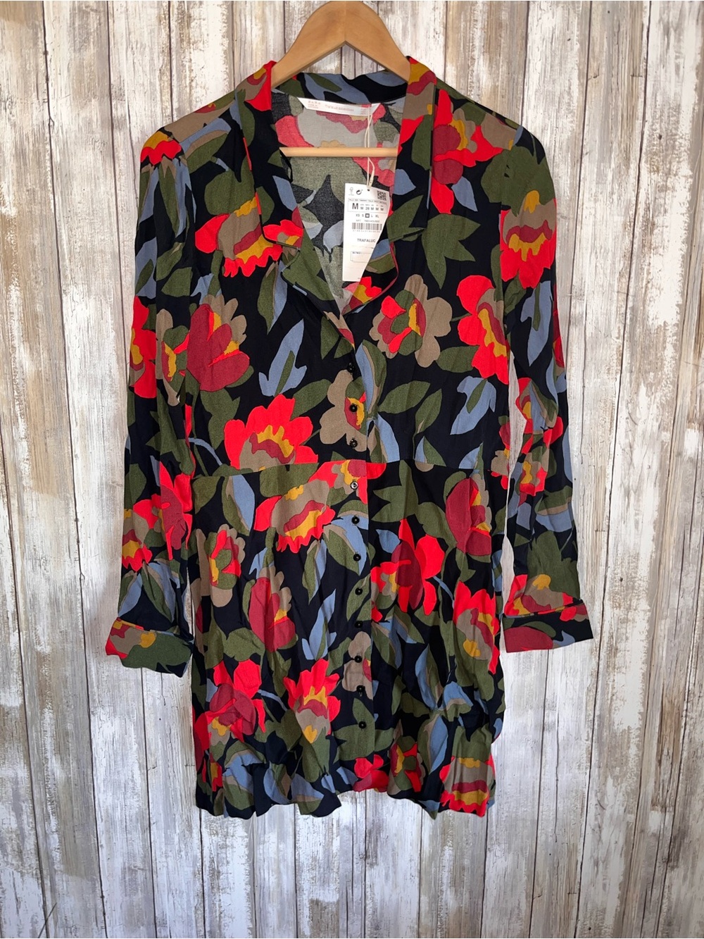 Zara Trafaluc Floral Button Front Mini Shirt Dress Black Red M NWT - Picture 2 of 6